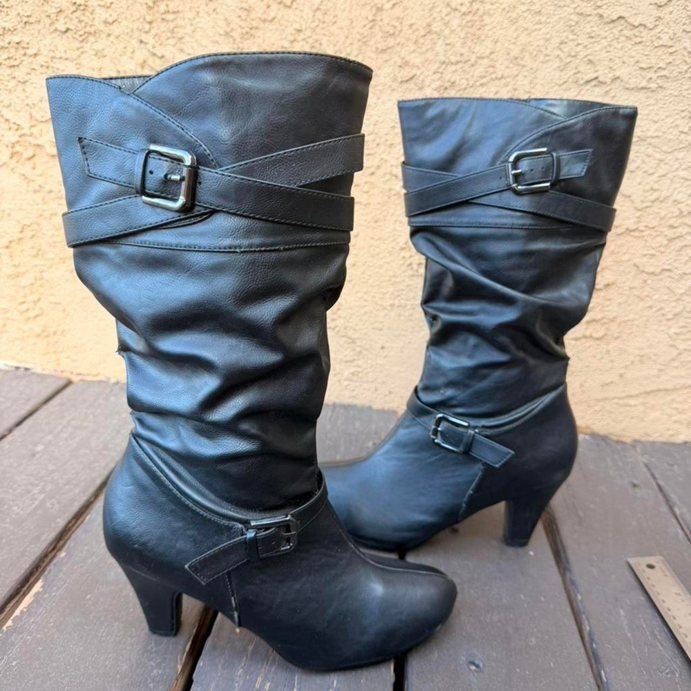 Black calf high boots with buckle detail